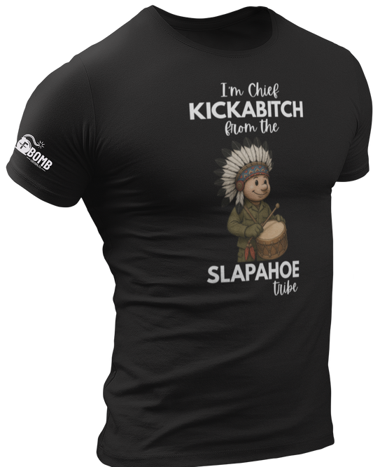 Black t-shirt with graphic design and text on a white background