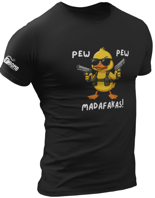 Black t-shirt with a duck holding guns and text on a white background