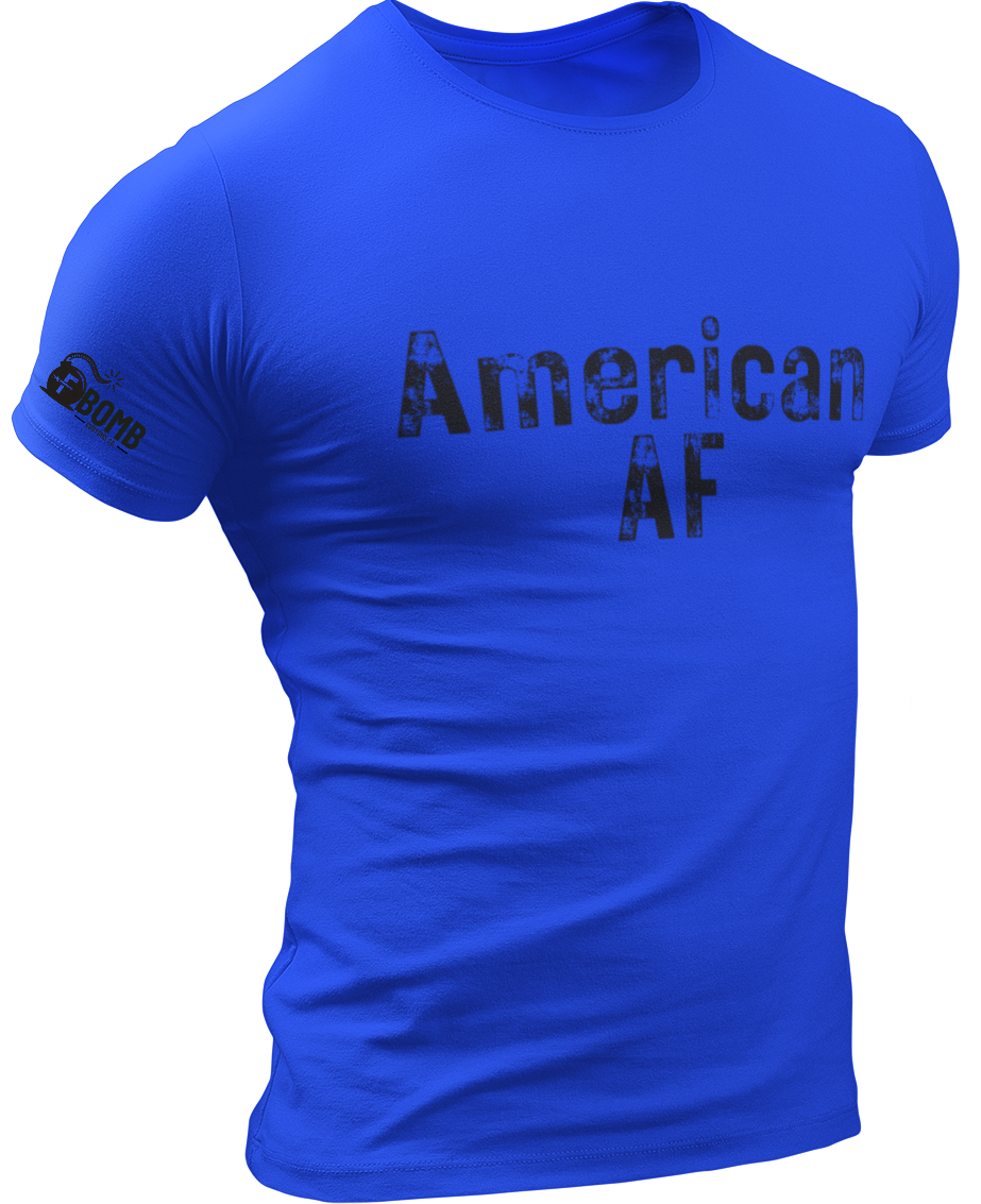 Blue t-shirt with 'American AF' text on a white background