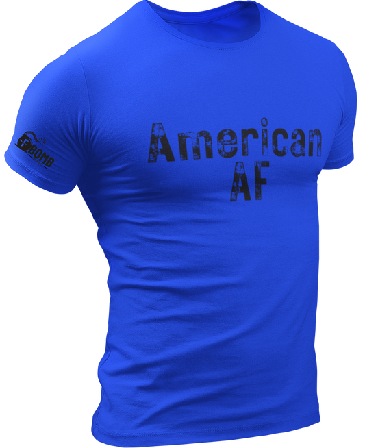Blue t-shirt with 'American AF' text on a white background