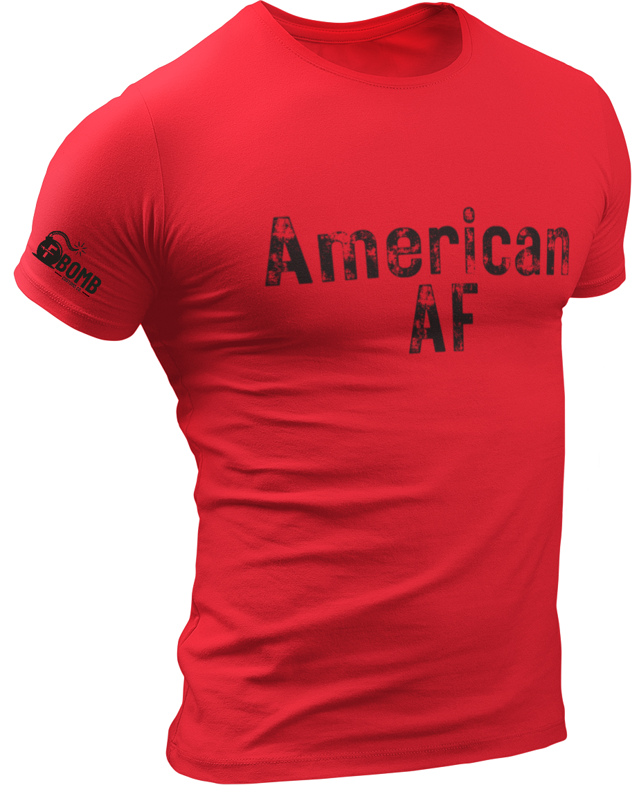 Red t-shirt with 'American AF' text on a white background