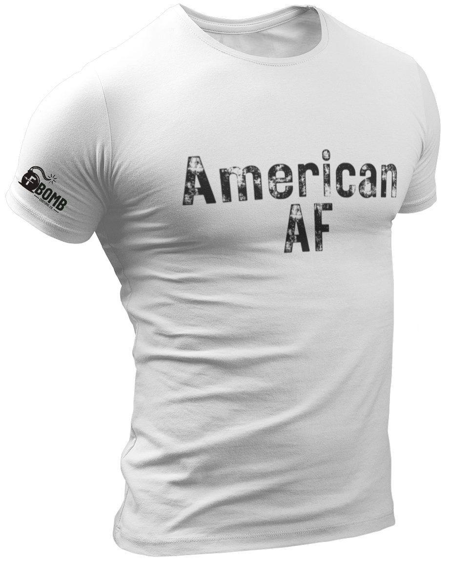 White t-shirt with 'American AF' text and a logo on a white background