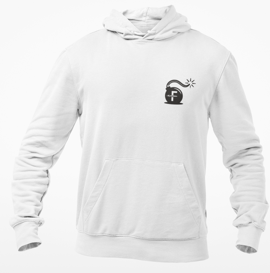 White hoodie with a black logo on a white background