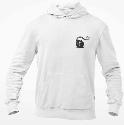 White hoodie with a black logo on a white background