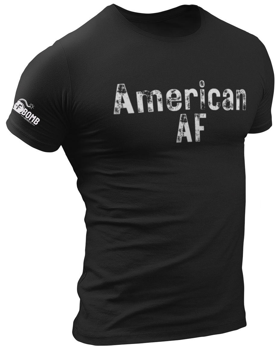 Black t-shirt with 'American AF' text on a white background