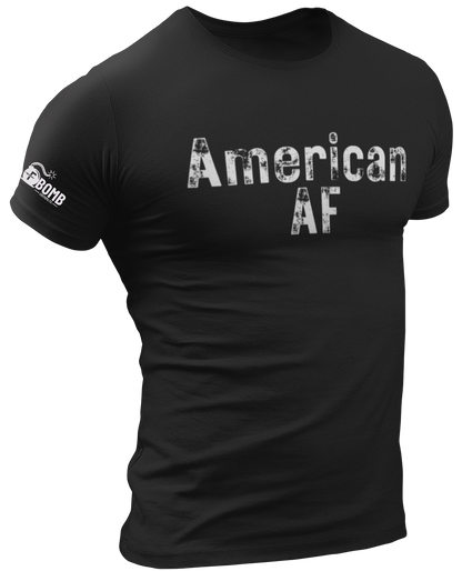 Black t-shirt with 'American AF' text on a white background
