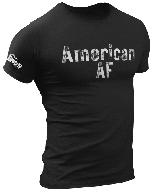 Black t-shirt with 'American AF' text on a white background
