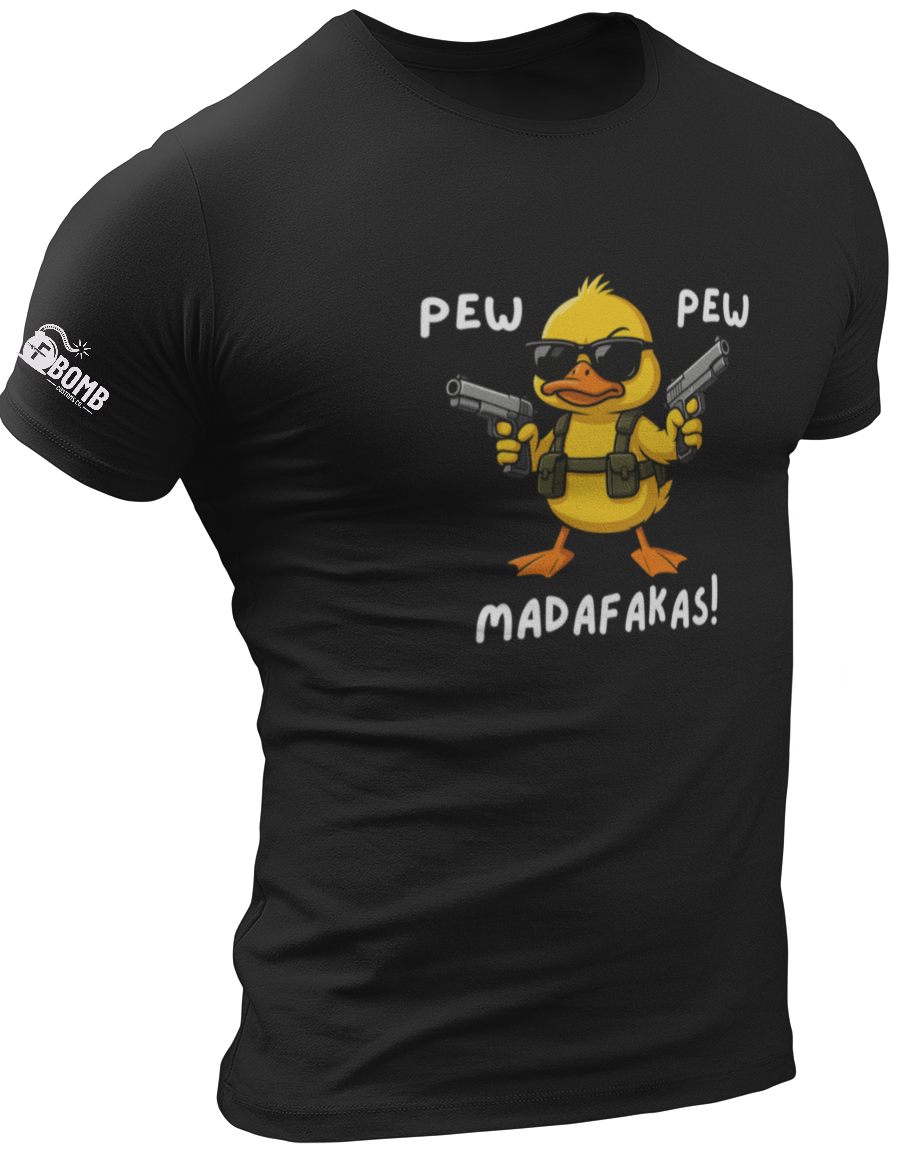 Black t-shirt with a duck holding guns and text on a white background