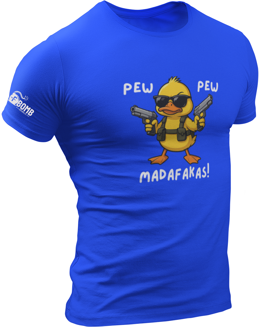 Blue t-shirt with a cartoon duck holding guns and text on a white background