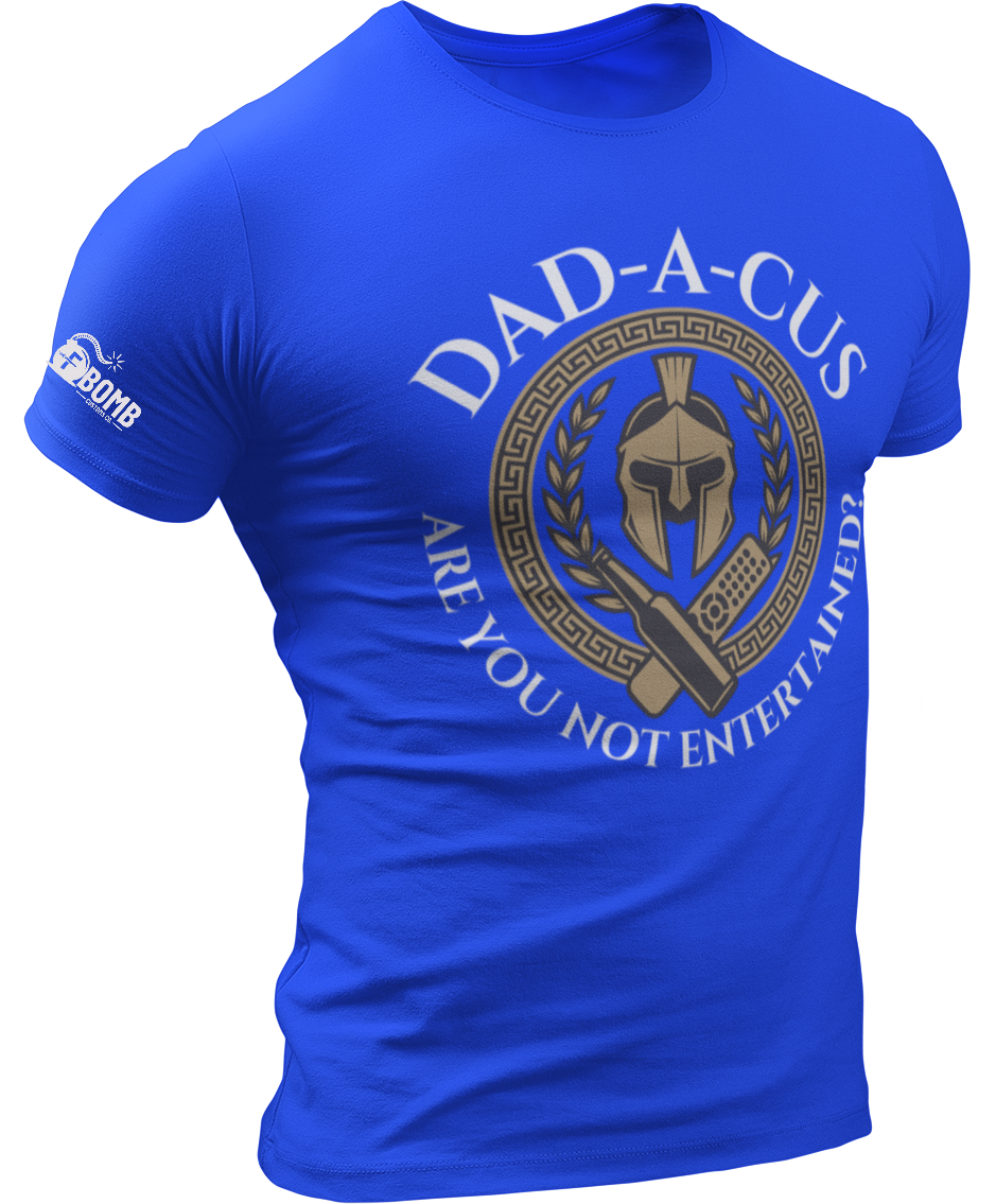 Blue t-shirt with 'DAD-A-CUS' graphic design on a white background