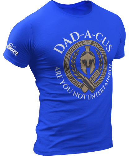 Blue t-shirt with 'DAD-A-CUS' graphic design on a white background