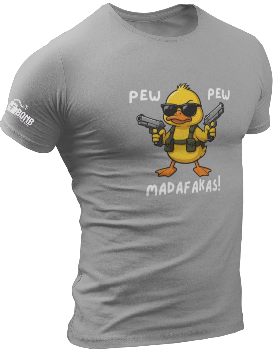 Gray t-shirt with a cartoon duck holding guns and text on a white background