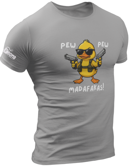 Gray t-shirt with a cartoon duck holding guns and text on a white background