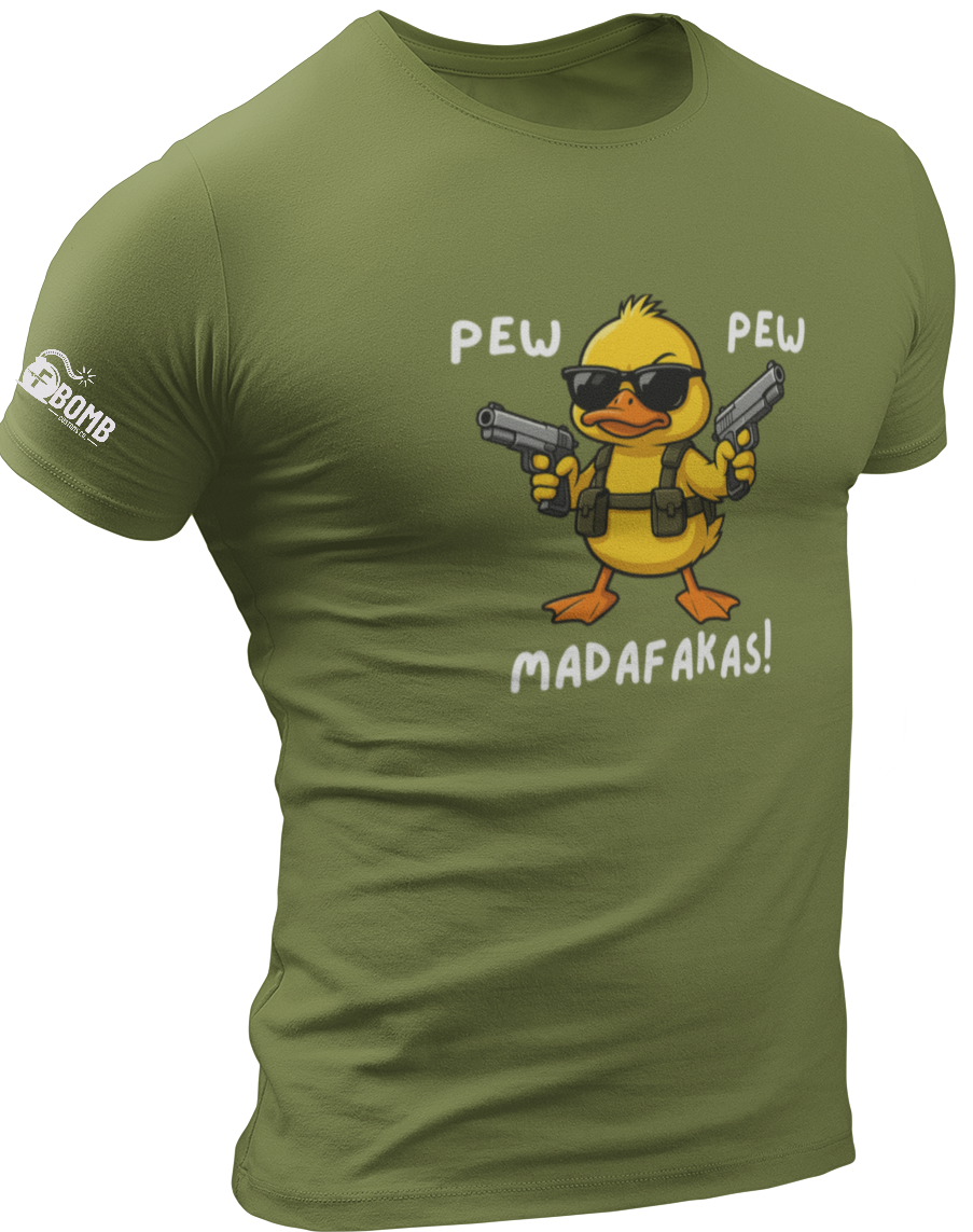 Green t-shirt with a cartoon duck holding guns and text on a white background