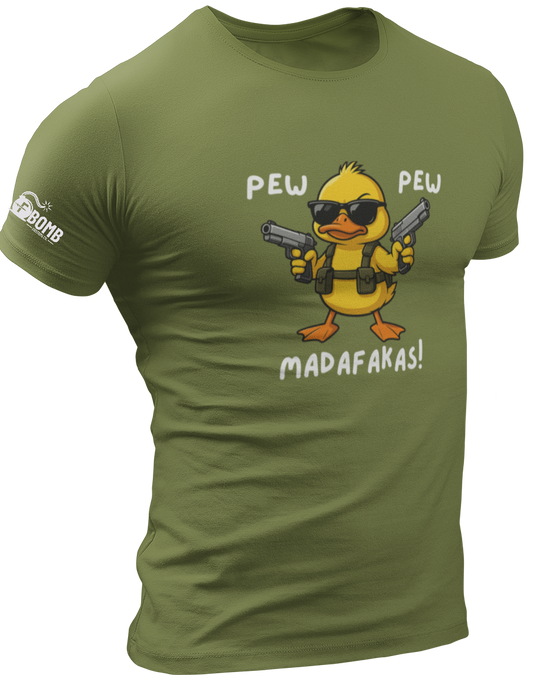Green t-shirt with a cartoon duck holding guns and text on a white background