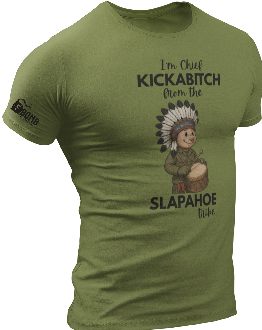 Green t-shirt with graphic design and text on a white background