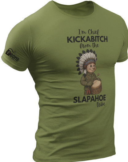 Green t-shirt with graphic design and text on a white background