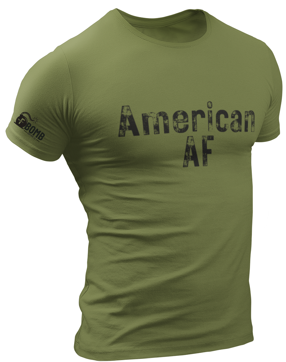 Green t-shirt with 'American AF' text on a white background