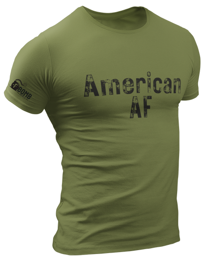 Green t-shirt with 'American AF' text on a white background