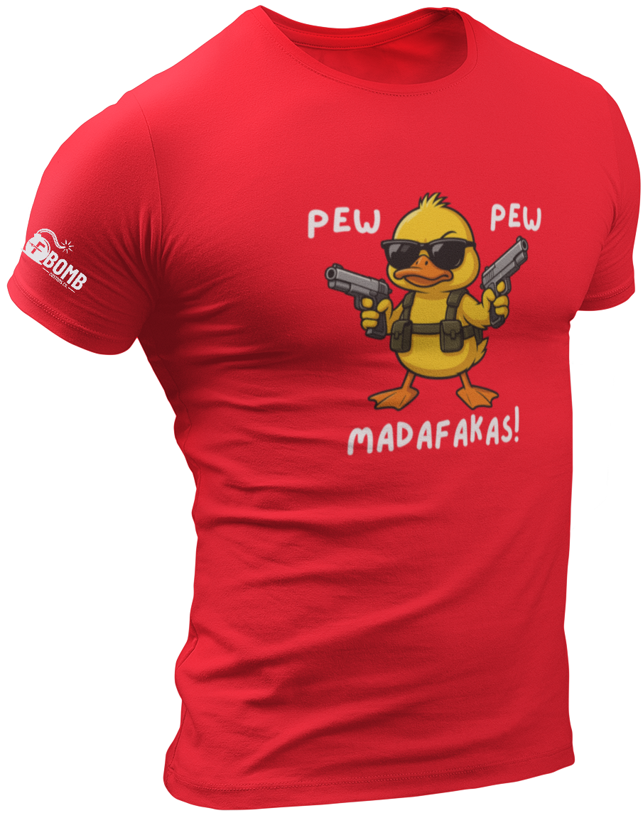 Red t-shirt with a cartoon duck holding guns and text on a white background