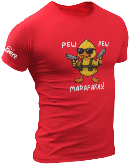 Red t-shirt with a cartoon duck holding guns and text on a white background