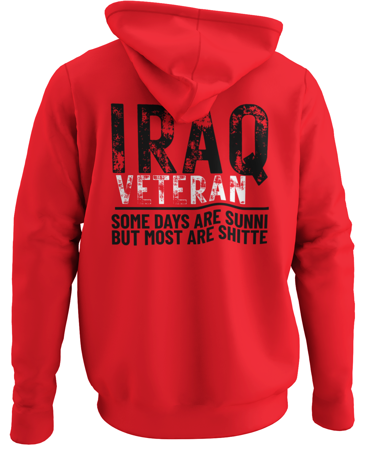 Red hoodie with text on the back on a white background