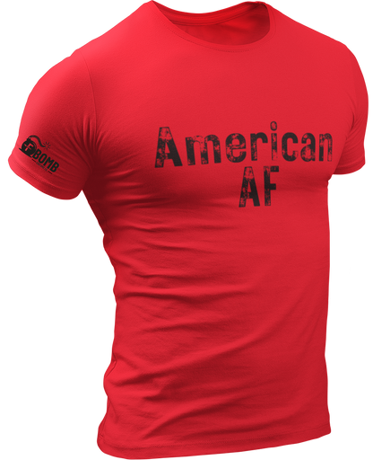 Red t-shirt with 'American AF' text on a white background
