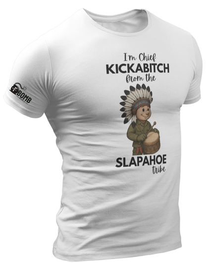 White t-shirt with graphic design and text on a white background