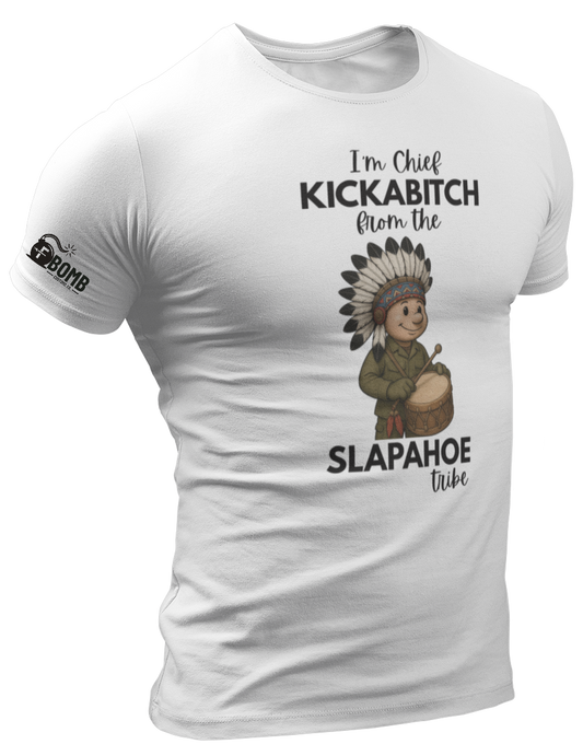 White t-shirt with graphic design and text on a white background
