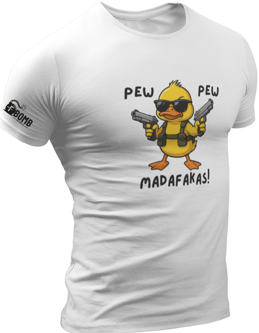 White t-shirt with a cartoon duck holding guns and text on a white background